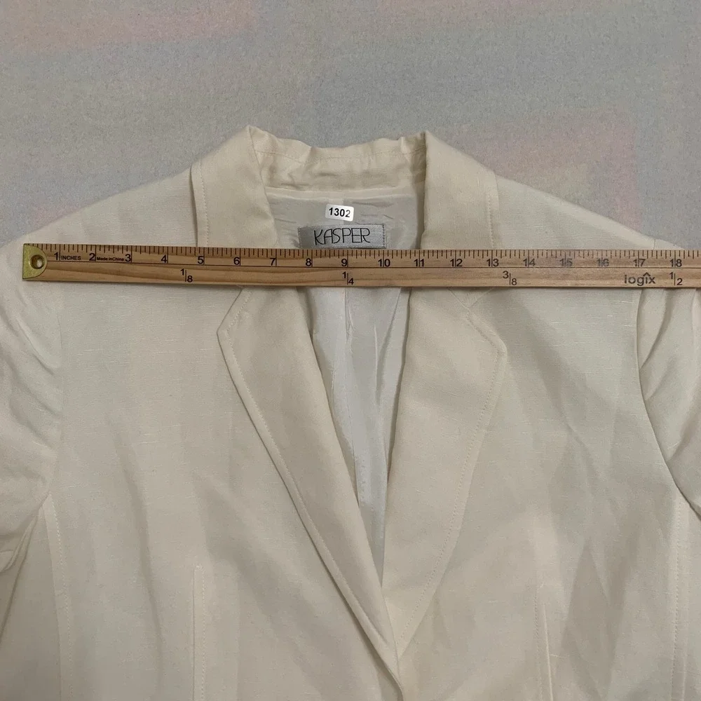 Kasper Blazer Women's 14 Ivory Linen Blend Ruched 3/4 Sleeve 1-Button Jacket
